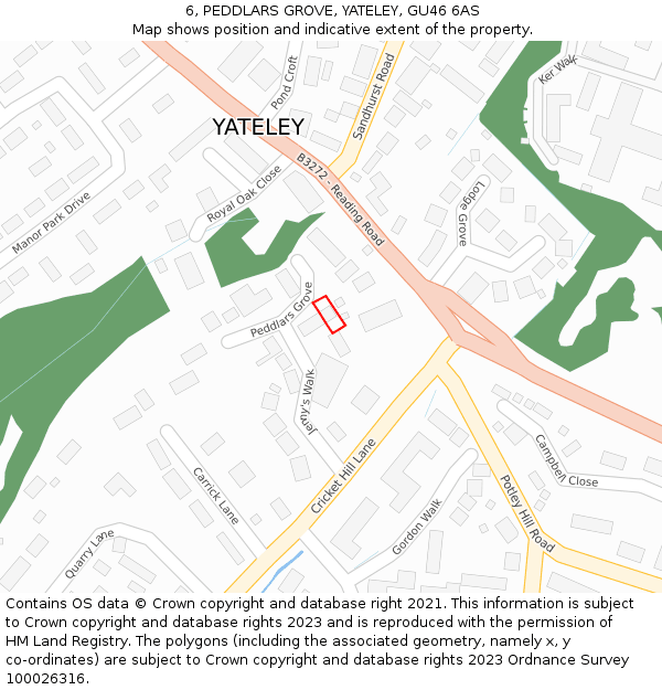 6, PEDDLARS GROVE, YATELEY, GU46 6AS: Location map and indicative extent of plot