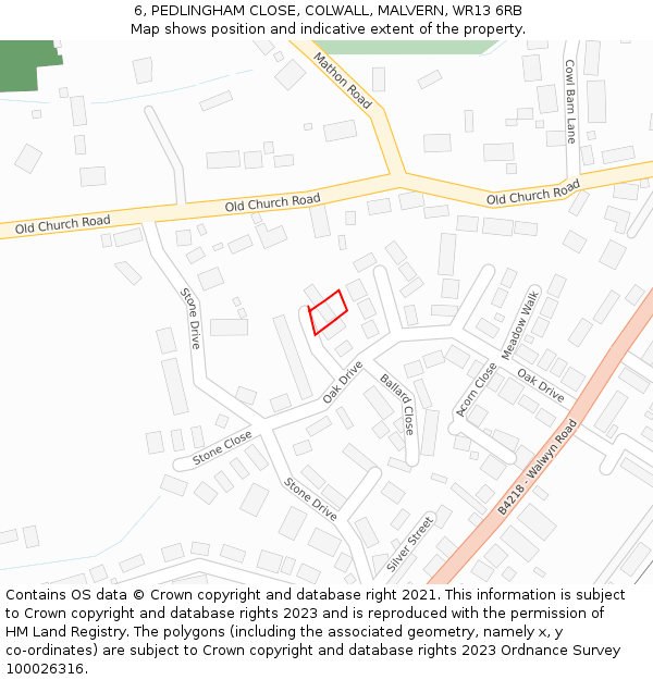 6, PEDLINGHAM CLOSE, COLWALL, MALVERN, WR13 6RB: Location map and indicative extent of plot