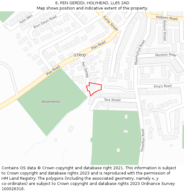 6, PEN GERDDI, HOLYHEAD, LL65 2AD: Location map and indicative extent of plot