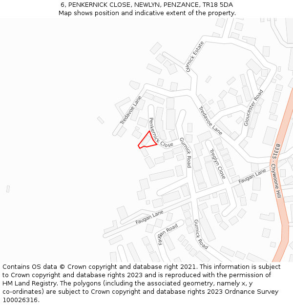 6, PENKERNICK CLOSE, NEWLYN, PENZANCE, TR18 5DA: Location map and indicative extent of plot
