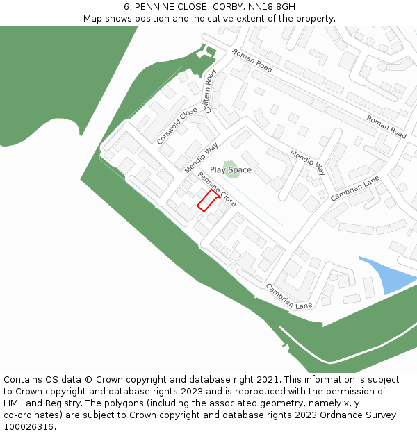 6, PENNINE CLOSE, CORBY, NN18 8GH: Location map and indicative extent of plot