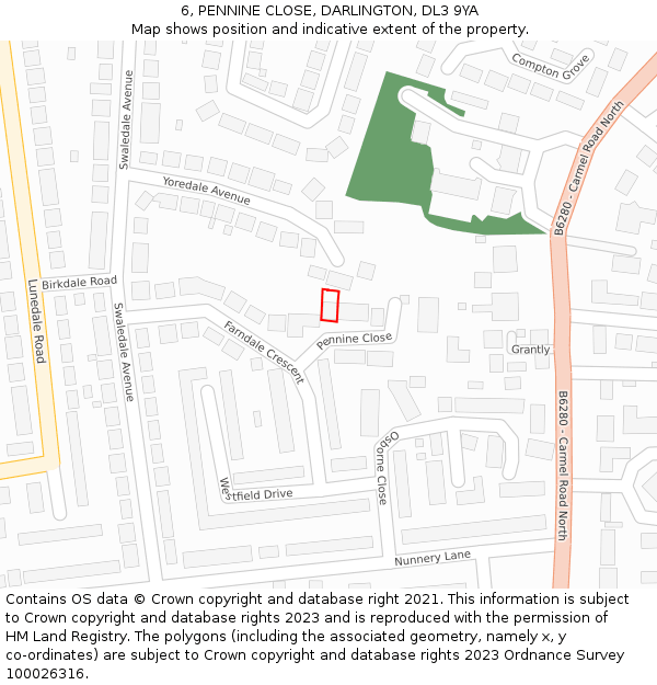 6, PENNINE CLOSE, DARLINGTON, DL3 9YA: Location map and indicative extent of plot