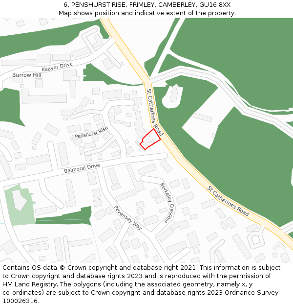 6, PENSHURST RISE, FRIMLEY, CAMBERLEY, GU16 8XX: Location map and indicative extent of plot