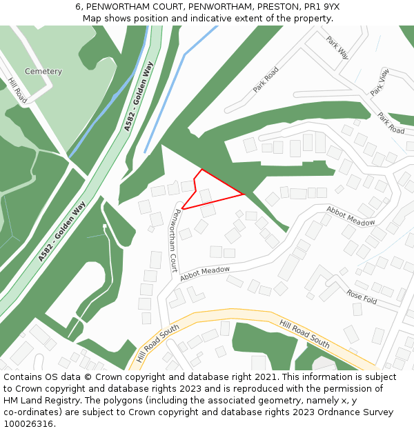 6, PENWORTHAM COURT, PENWORTHAM, PRESTON, PR1 9YX: Location map and indicative extent of plot