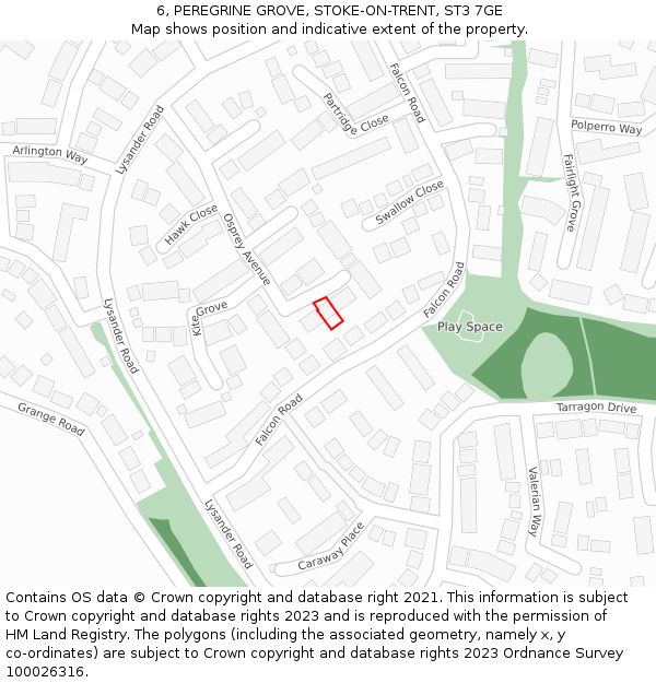 6, PEREGRINE GROVE, STOKE-ON-TRENT, ST3 7GE: Location map and indicative extent of plot