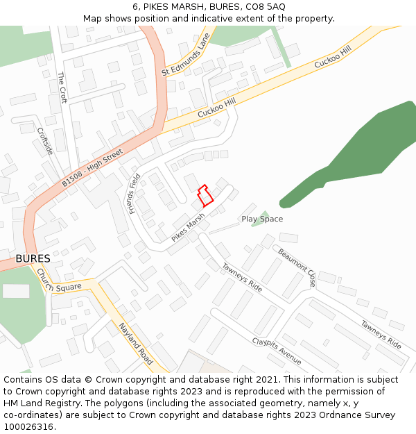 6, PIKES MARSH, BURES, CO8 5AQ: Location map and indicative extent of plot