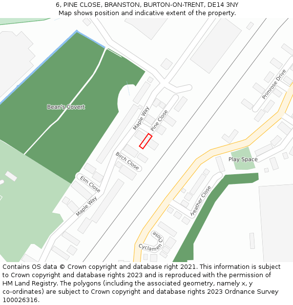 6, PINE CLOSE, BRANSTON, BURTON-ON-TRENT, DE14 3NY: Location map and indicative extent of plot