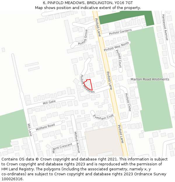 6, PINFOLD MEADOWS, BRIDLINGTON, YO16 7GT: Location map and indicative extent of plot