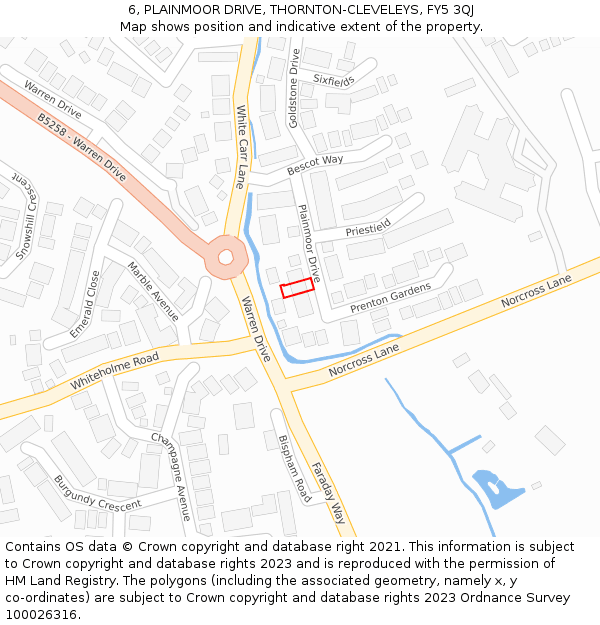 6, PLAINMOOR DRIVE, THORNTON-CLEVELEYS, FY5 3QJ: Location map and indicative extent of plot