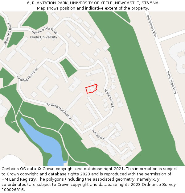 6, PLANTATION PARK, UNIVERSITY OF KEELE, NEWCASTLE, ST5 5NA: Location map and indicative extent of plot