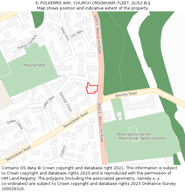 6, POLKERRIS WAY, CHURCH CROOKHAM, FLEET, GU52 8UJ: Location map and indicative extent of plot