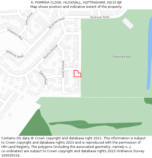 6, POMPEIA CLOSE, HUCKNALL, NOTTINGHAM, NG15 8JF: Location map and indicative extent of plot
