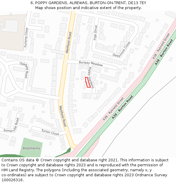 6, POPPY GARDENS, ALREWAS, BURTON-ON-TRENT, DE13 7EY: Location map and indicative extent of plot