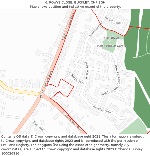 6, POWYS CLOSE, BUCKLEY, CH7 3QH: Location map and indicative extent of plot