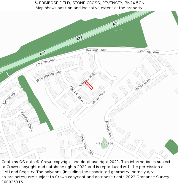 6, PRIMROSE FIELD, STONE CROSS, PEVENSEY, BN24 5GN: Location map and indicative extent of plot