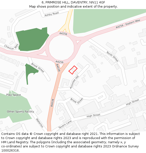 6, PRIMROSE HILL, DAVENTRY, NN11 4GF: Location map and indicative extent of plot