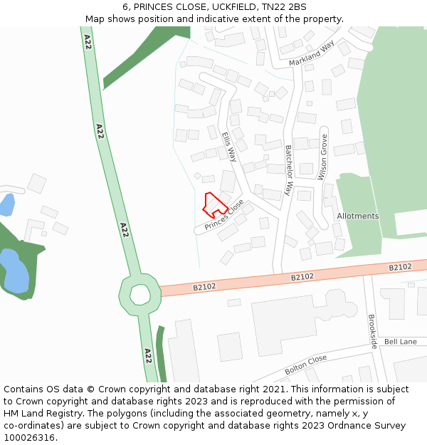 6, PRINCES CLOSE, UCKFIELD, TN22 2BS: Location map and indicative extent of plot