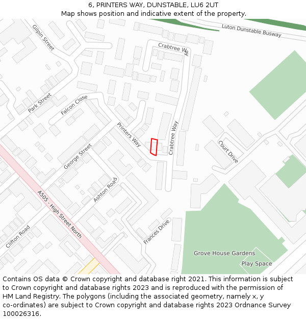 6, PRINTERS WAY, DUNSTABLE, LU6 2UT: Location map and indicative extent of plot