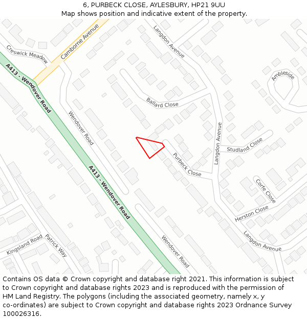 6, PURBECK CLOSE, AYLESBURY, HP21 9UU: Location map and indicative extent of plot