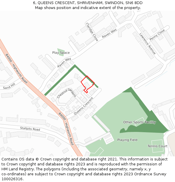 6, QUEENS CRESCENT, SHRIVENHAM, SWINDON, SN6 8DD: Location map and indicative extent of plot