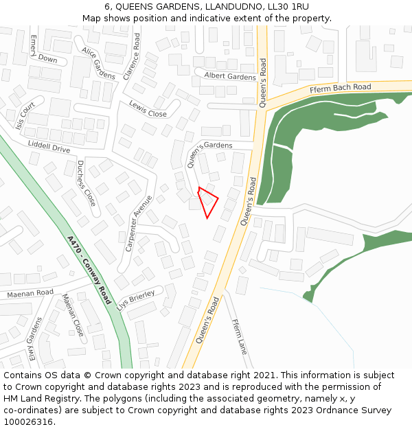 6, QUEENS GARDENS, LLANDUDNO, LL30 1RU: Location map and indicative extent of plot