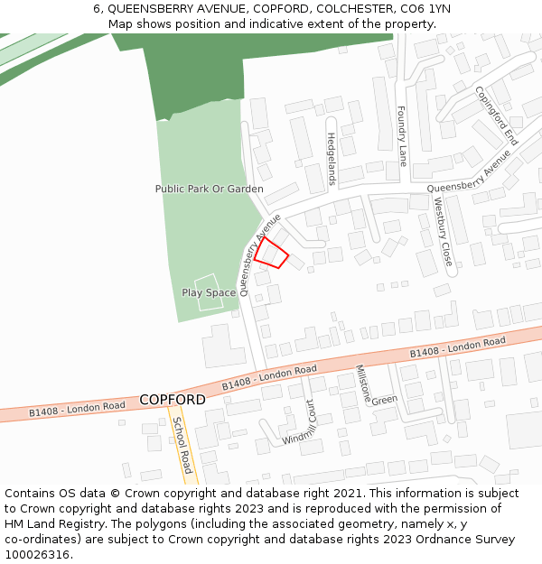 6, QUEENSBERRY AVENUE, COPFORD, COLCHESTER, CO6 1YN: Location map and indicative extent of plot