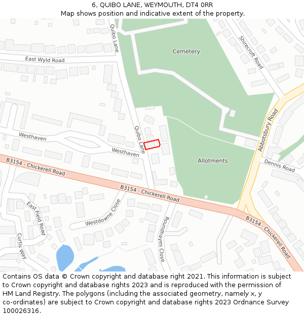 6, QUIBO LANE, WEYMOUTH, DT4 0RR: Location map and indicative extent of plot