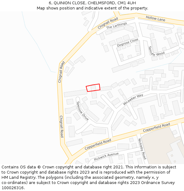 6, QUINION CLOSE, CHELMSFORD, CM1 4UH: Location map and indicative extent of plot