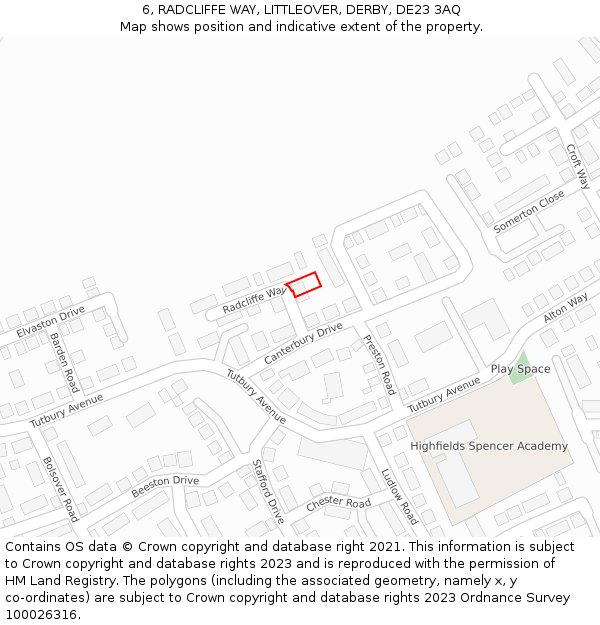 6, RADCLIFFE WAY, LITTLEOVER, DERBY, DE23 3AQ: Location map and indicative extent of plot