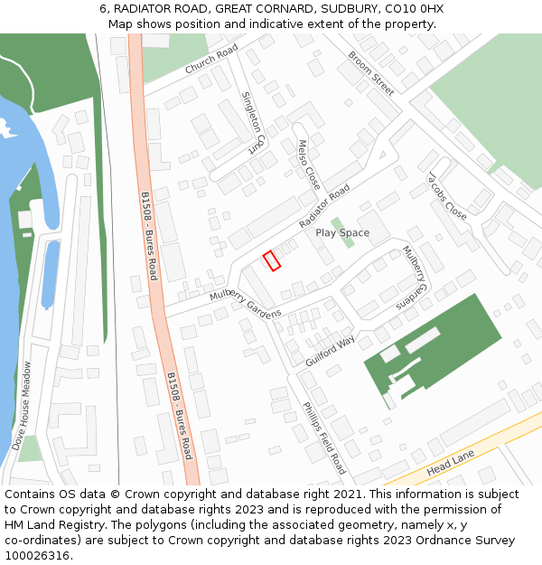 6, RADIATOR ROAD, GREAT CORNARD, SUDBURY, CO10 0HX: Location map and indicative extent of plot