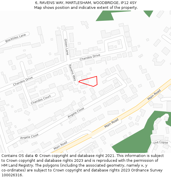 6, RAVENS WAY, MARTLESHAM, WOODBRIDGE, IP12 4SY: Location map and indicative extent of plot
