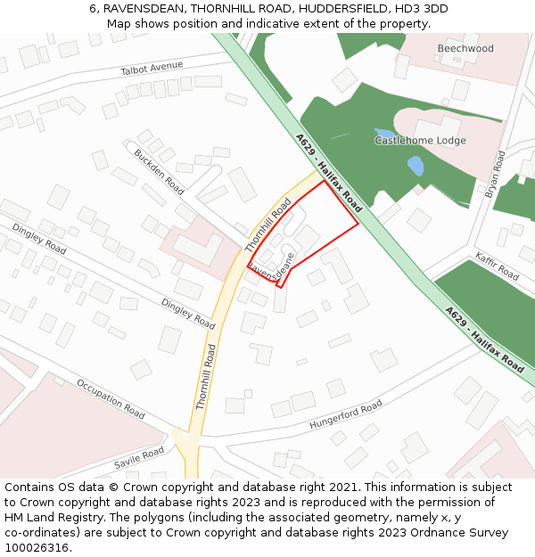 6, RAVENSDEAN, THORNHILL ROAD, HUDDERSFIELD, HD3 3DD: Location map and indicative extent of plot