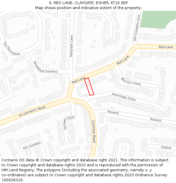 6, RED LANE, CLAYGATE, ESHER, KT10 0EP: Location map and indicative extent of plot