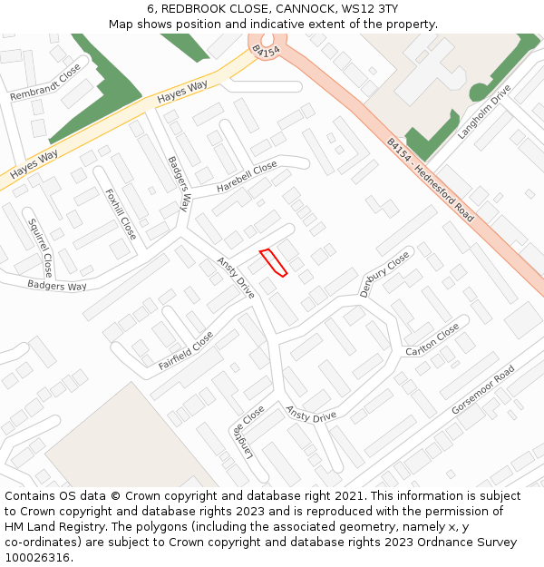 6, REDBROOK CLOSE, CANNOCK, WS12 3TY: Location map and indicative extent of plot