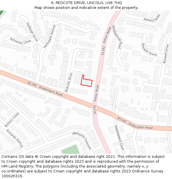 6, REDCOTE DRIVE, LINCOLN, LN6 7HQ: Location map and indicative extent of plot