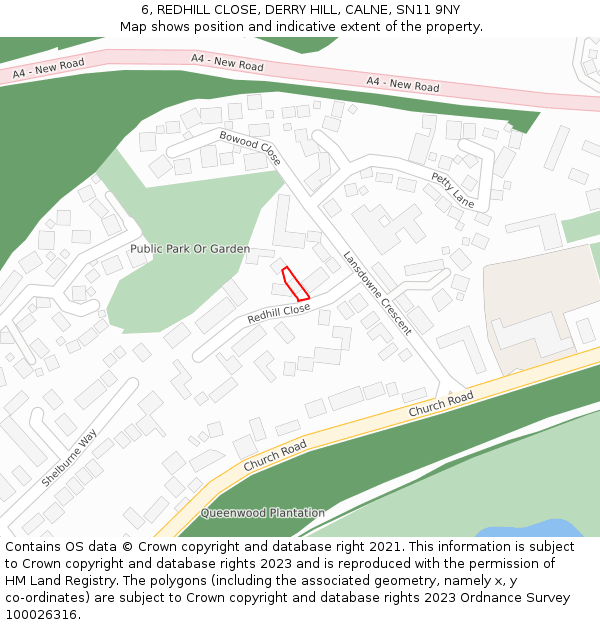 6, REDHILL CLOSE, DERRY HILL, CALNE, SN11 9NY: Location map and indicative extent of plot