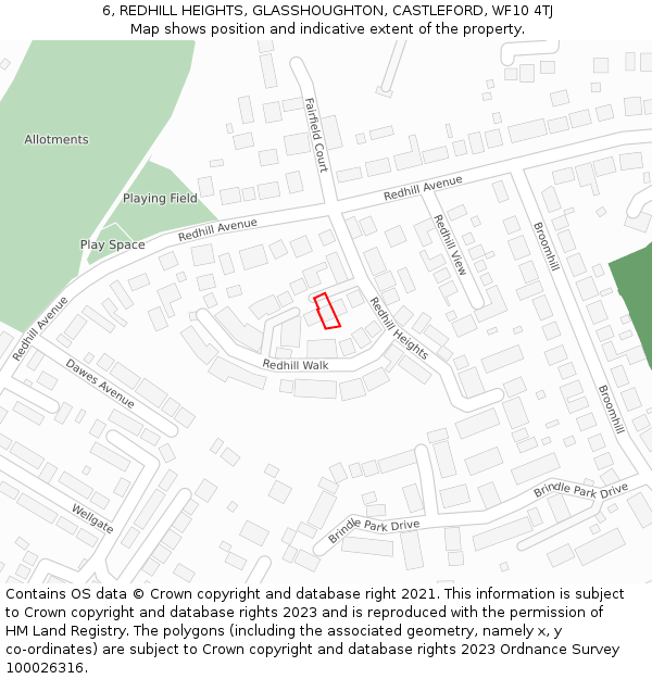 6, REDHILL HEIGHTS, GLASSHOUGHTON, CASTLEFORD, WF10 4TJ: Location map and indicative extent of plot