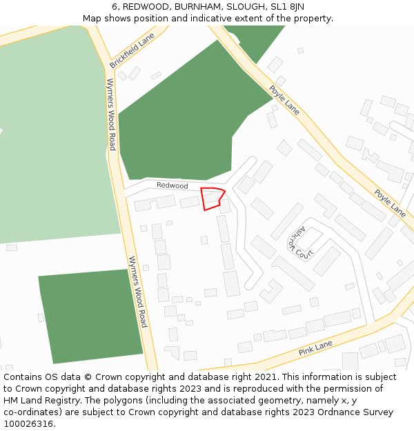 6, REDWOOD, BURNHAM, SLOUGH, SL1 8JN: Location map and indicative extent of plot