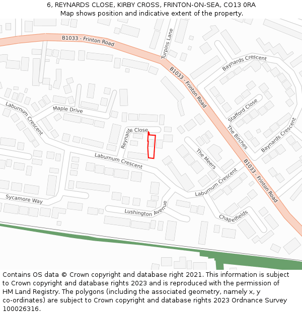 6, REYNARDS CLOSE, KIRBY CROSS, FRINTON-ON-SEA, CO13 0RA: Location map and indicative extent of plot