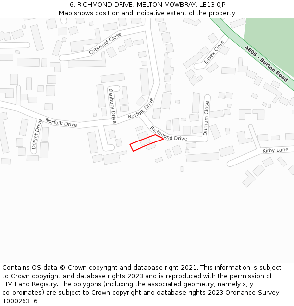 6, RICHMOND DRIVE, MELTON MOWBRAY, LE13 0JP: Location map and indicative extent of plot