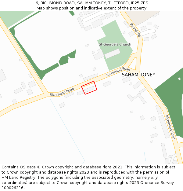 6, RICHMOND ROAD, SAHAM TONEY, THETFORD, IP25 7ES: Location map and indicative extent of plot