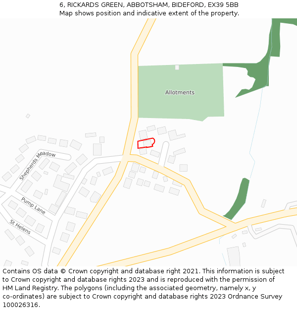 6, RICKARDS GREEN, ABBOTSHAM, BIDEFORD, EX39 5BB: Location map and indicative extent of plot