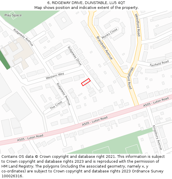 6, RIDGEWAY DRIVE, DUNSTABLE, LU5 4QT: Location map and indicative extent of plot