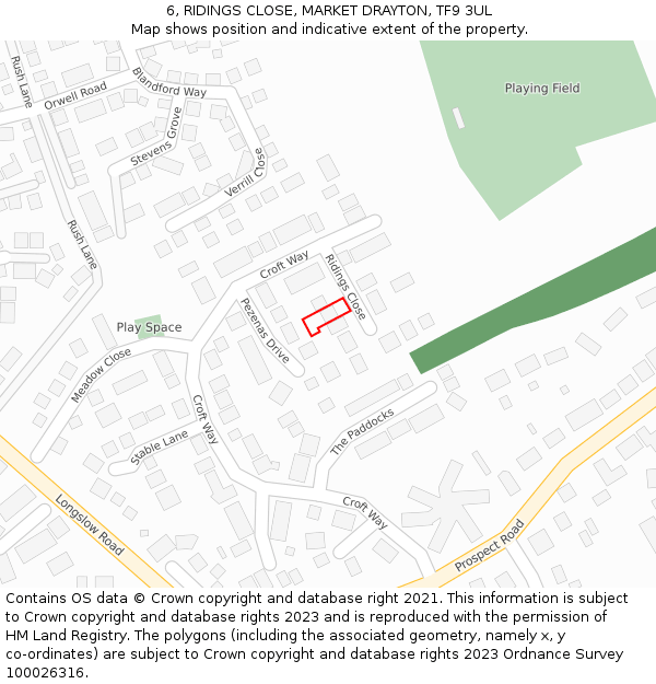 6, RIDINGS CLOSE, MARKET DRAYTON, TF9 3UL: Location map and indicative extent of plot