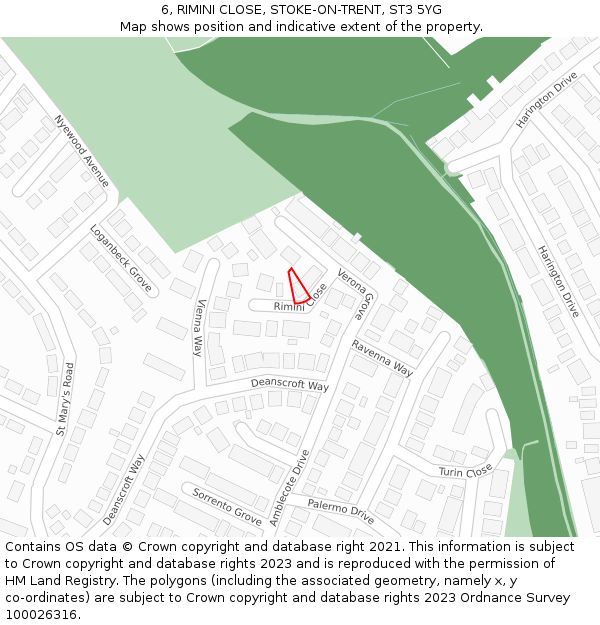 6, RIMINI CLOSE, STOKE-ON-TRENT, ST3 5YG: Location map and indicative extent of plot