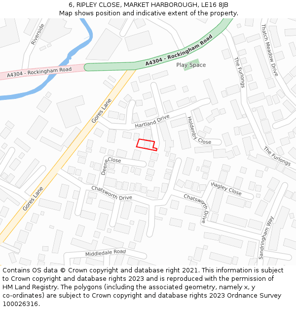 6, RIPLEY CLOSE, MARKET HARBOROUGH, LE16 8JB: Location map and indicative extent of plot