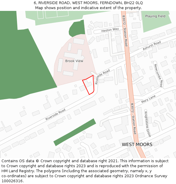 6, RIVERSIDE ROAD, WEST MOORS, FERNDOWN, BH22 0LQ: Location map and indicative extent of plot