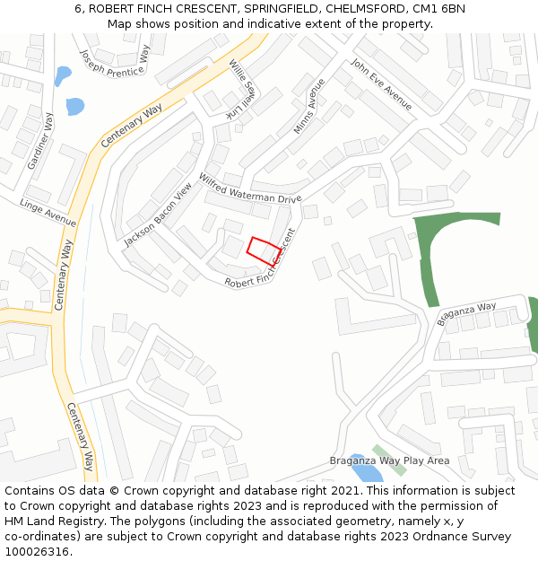 6, ROBERT FINCH CRESCENT, SPRINGFIELD, CHELMSFORD, CM1 6BN: Location map and indicative extent of plot