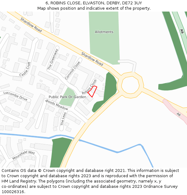 6, ROBINS CLOSE, ELVASTON, DERBY, DE72 3UY: Location map and indicative extent of plot