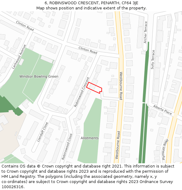 6, ROBINSWOOD CRESCENT, PENARTH, CF64 3JE: Location map and indicative extent of plot